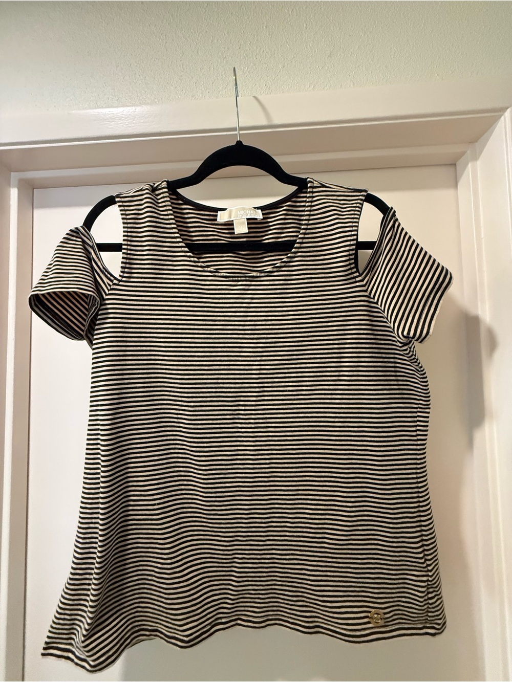 Michael Kors Black and Cream Striped Cold-Shoulder Tee